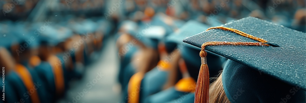 Graduation Ceremony With Graduates Wearing Caps and Gowns in a Rainy Outdoor Setting
