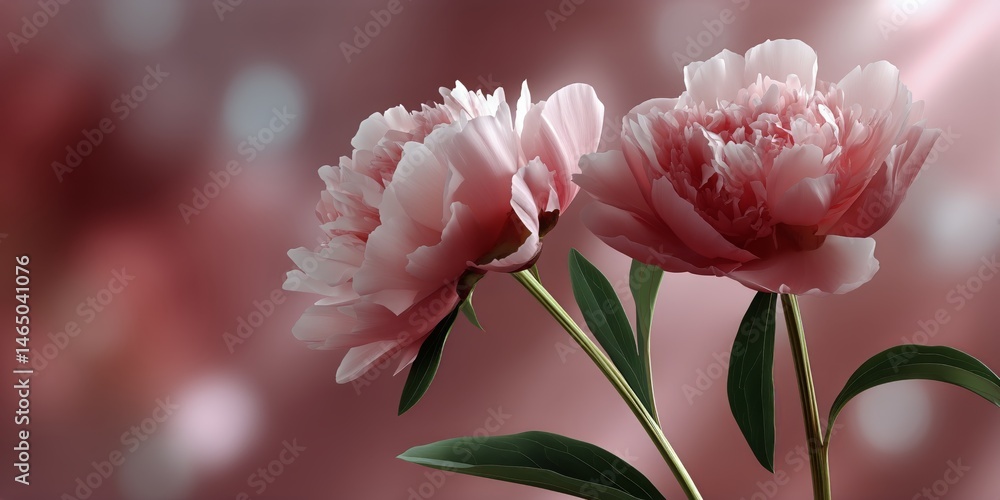 Beautiful Peonies Blooming With Soft Pink Petals Against a Blurred Background