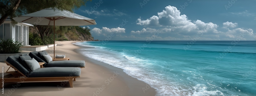 Relaxing by the Beach With Lounge Chairs Under a Sun Umbrella on a Clear Day