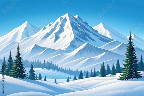 Majestic snowy mountain landscape depicting winter wonderland with evergreens and blue sky