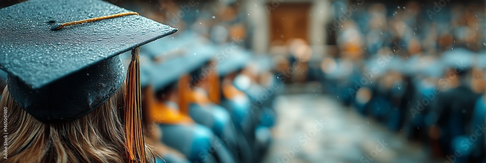 Graduation Ceremony Featuring Graduates in Caps and Gowns During a Rainy Outdoor Celebration