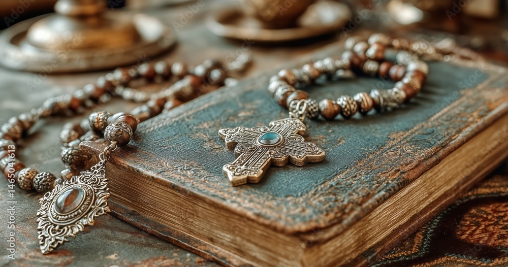 Religious Artifacts Displayed on a Wooden Table in a Serene, Atmospheric Setting