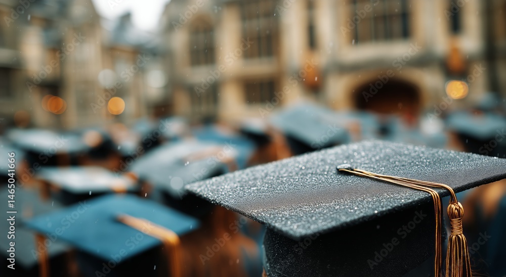 Graduation Ceremony Takes Place Amidst Modern Architecture on a Rainy Day