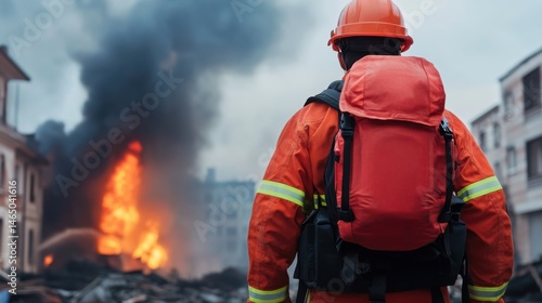 Firefighter Observing Blaze in Urban Environment with Smoke and Flames