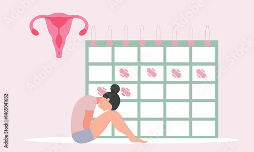 Woman menstrual period calendar woman having period pain.vector illustration