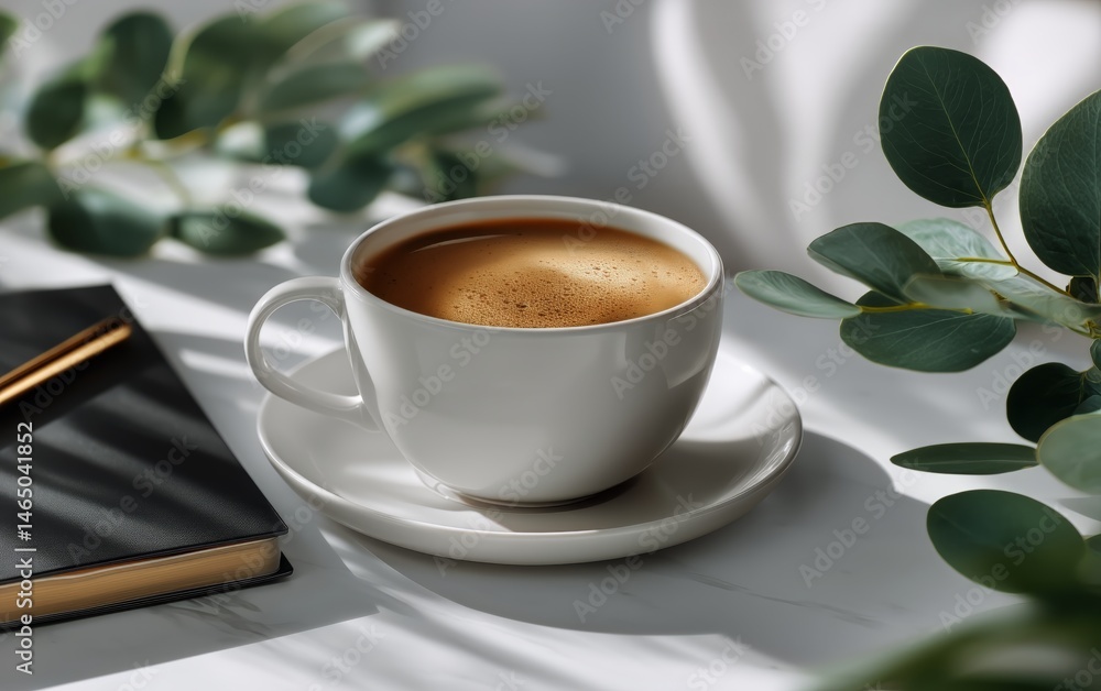 Warm Cup of Coffee Placed on a Table Beside a Notebook and Green Leaves in Bright Sunlight