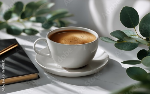 Obraz na płótnie Warm Cup of Coffee Placed on a Table Beside a Notebook and Green Leaves in Bright Sunlight w salonie