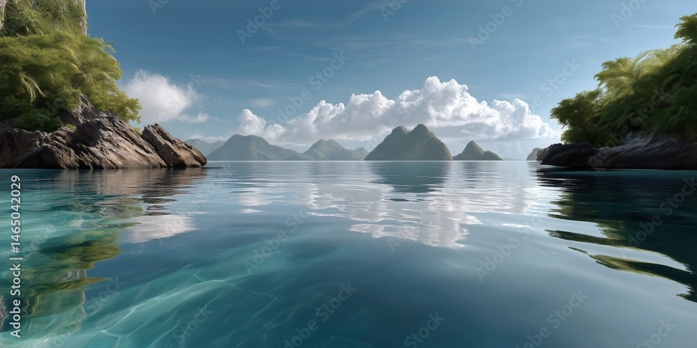 Breathtaking Landscape of Calm Water Surrounded by Lush Mountains and Clouds in a Tropical Setting