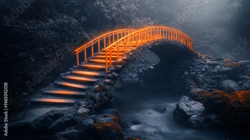 Vibrant orange bridge arches over a tranquil stream in a misty forest during early morning light