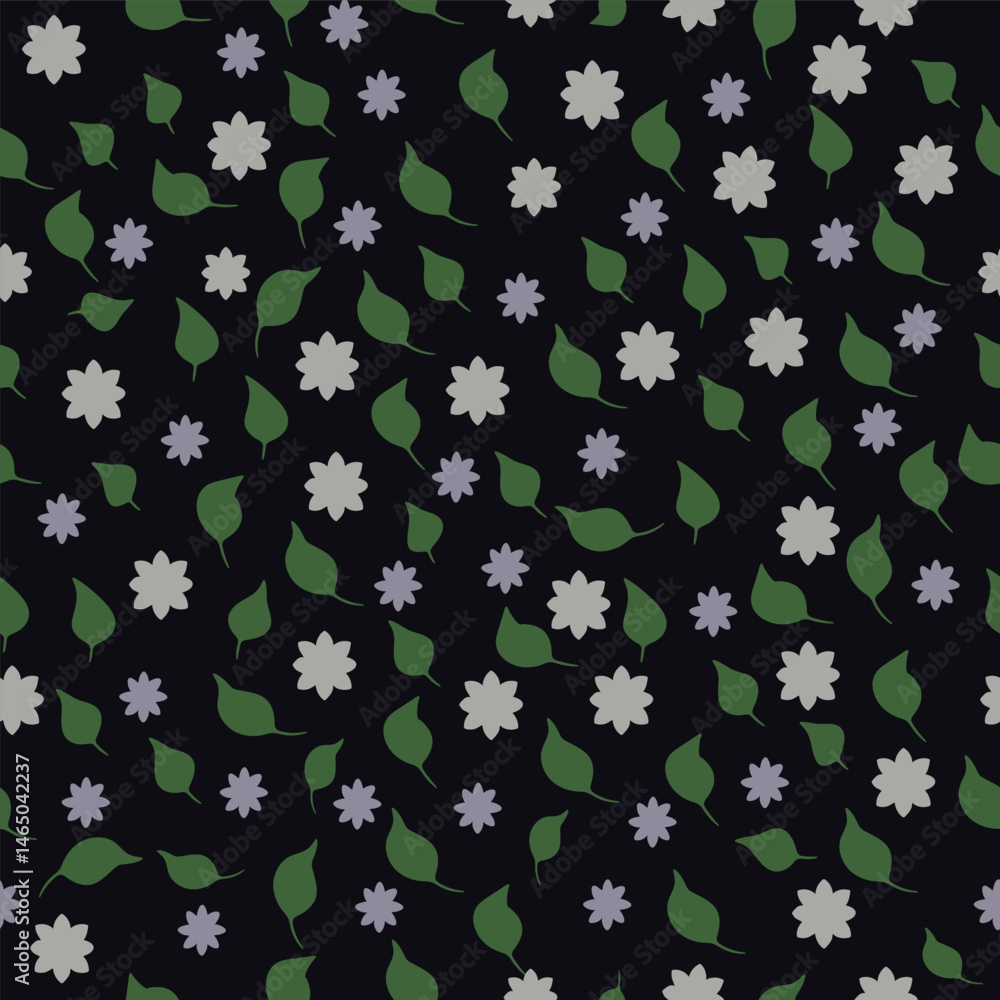 Seamless floral pattern with flowers and green leaves on dark blue background. ideal for textiles, surface design, wallpaper, and wrapping paper prints. Seamless floral pattern with flowers and green leaves on dark blue background. ideal for textiles, surface design, wallpaper, and wrapping paper prints.