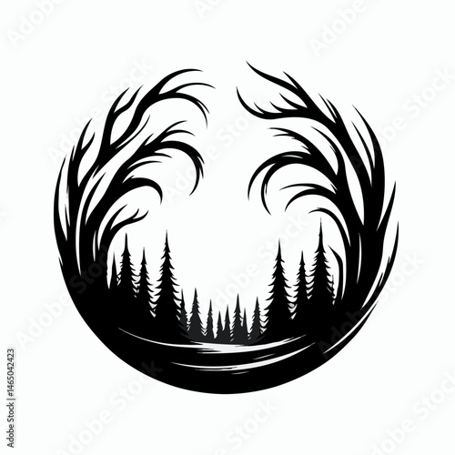 Haunted forest scene in circular silhouette 