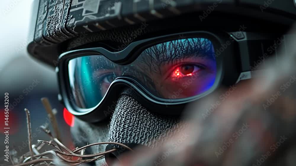 Close-up view of a soldier's face partially obscured by camouflage gear and protective eyewear. A red light reflection is visible in the goggles. The background is blurred, suggesting a low-light Close-up view of a soldier's face partially obscured by camouflage gear and protective eyewear. A red light reflection is visible in the goggles. The background is blurred, suggesting a low-light