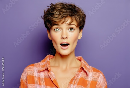 Surprised Woman With Short Hair Expressing Excitement Against a Purple Backgr...