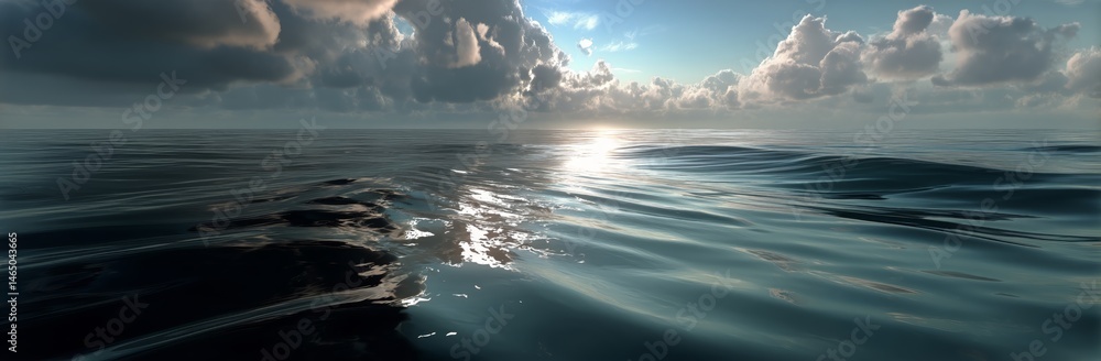 Calm Ocean Surface Reflecting Sunlight With Scattered Clouds in the Sky During Early Morning Hours