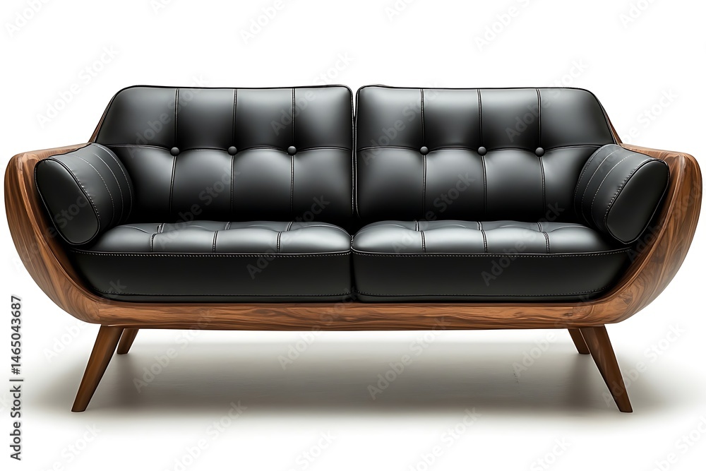 Fototapeta premium Elegant modern design two-seater black leather sofa with wooden frame isolated on white