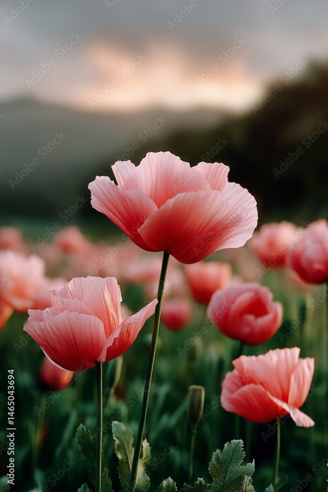 Beautiful Pink Flowers Blossoming in a Vibrant Field During a Dramatic Sunset