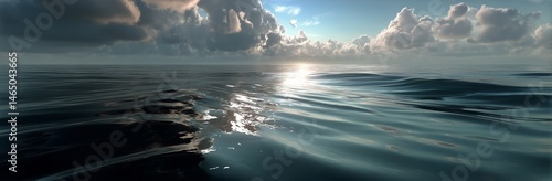 Obraz na płótnie Calm Ocean Surface Reflecting Sunlight With Scattered Clouds in the Sky During Early Morning Hours w salonie