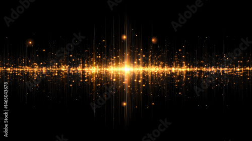 Mesmerizing digital sound wave pattern made of glowing dots radiates energy and vibrancy, creating captivating visual experience. golden hues and sparkling elements evoke sense of rhythm