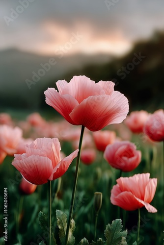 Obraz na płótnie Beautiful Pink Flowers Blossoming in a Vibrant Field During a Dramatic Sunset w salonie