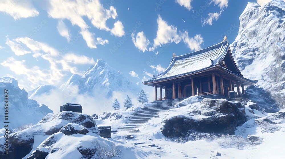 Snowy mountain pagoda scene with clear sky Snowy mountain pagoda scene with clear sky