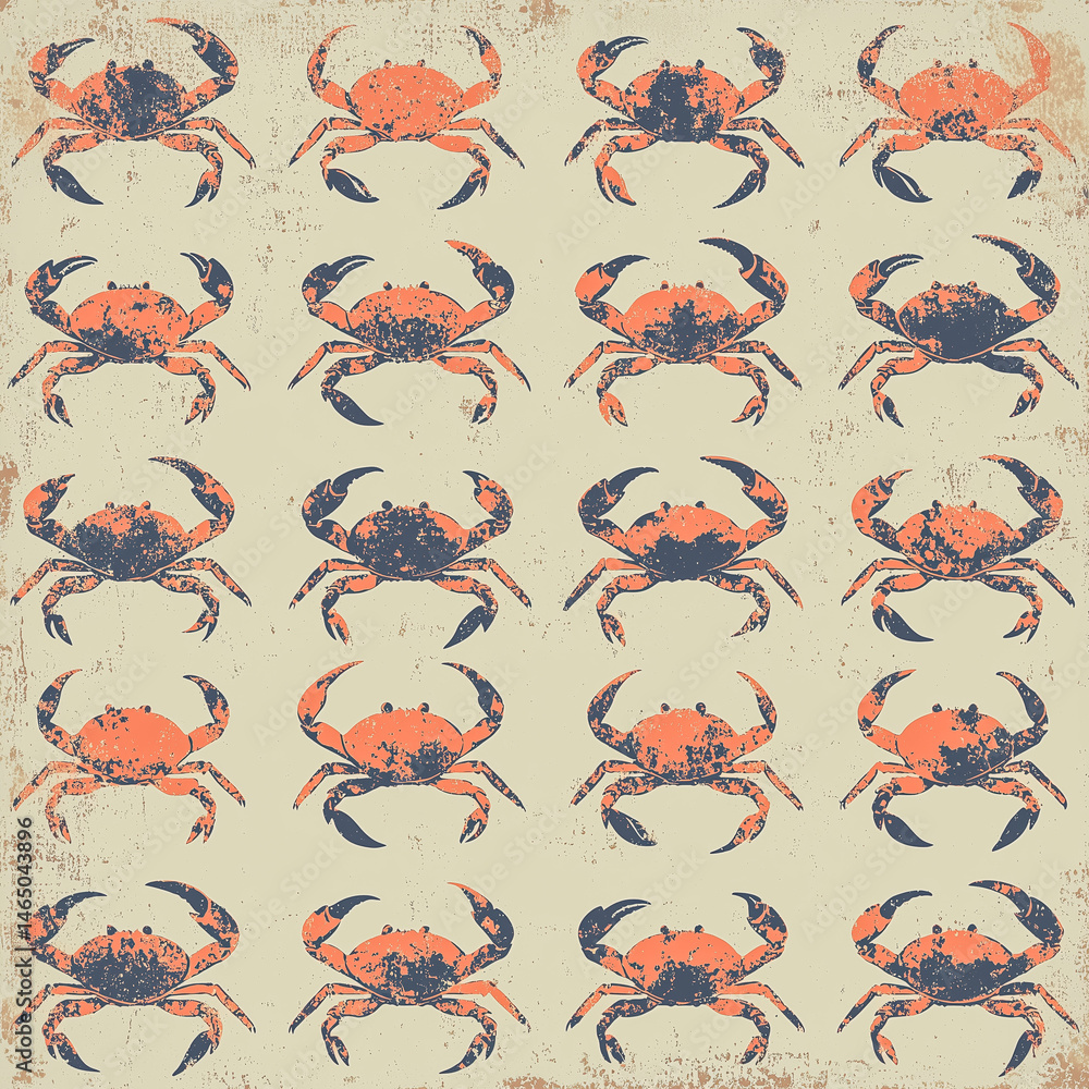 Obraz premium A complete pastel retro decorative design with nostalgia style, textured with hundreds of small crabs in low contrast