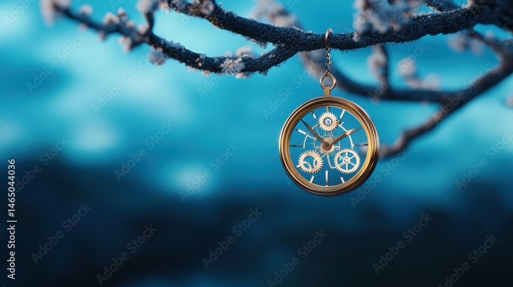 Fototapeta premium Tree with watch gears hanging from its branches, symbolizing the intersection of growth and time.
