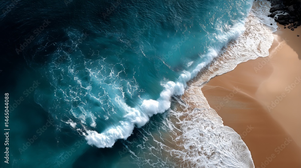 Waves Crashing on Sandy Beach Creating Foam in a Tropical Landscape With Turquoise Water