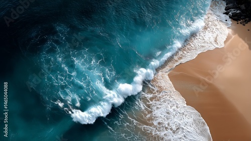 Obraz na płótnie Waves Crashing on Sandy Beach Creating Foam in a Tropical Landscape With Turquoise Water w salonie