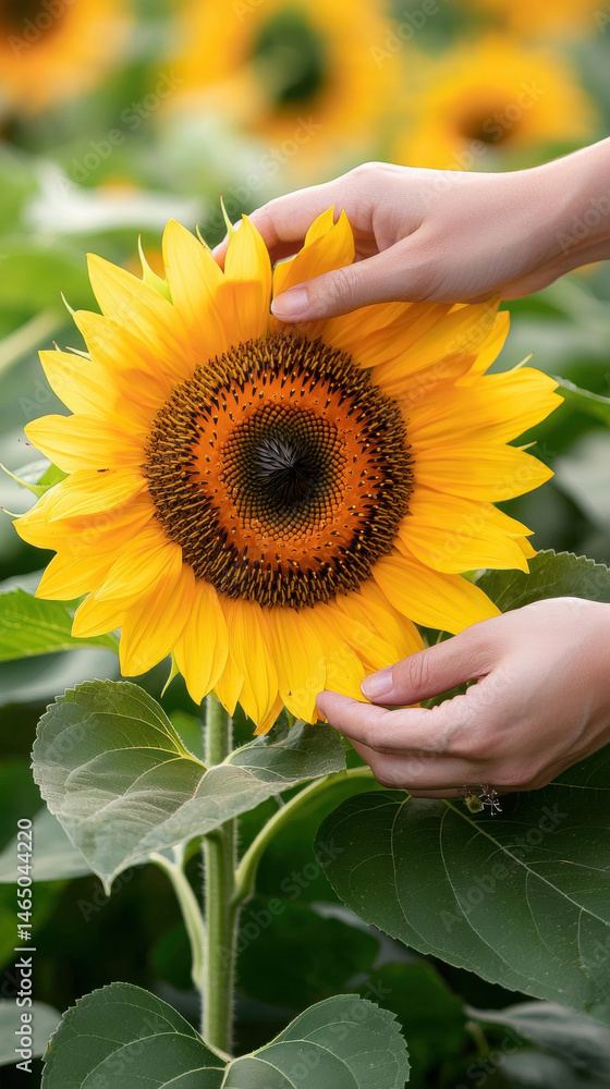 Fototapeta premium Hands gently touch vibrant petals of blooming sunflower in lush field