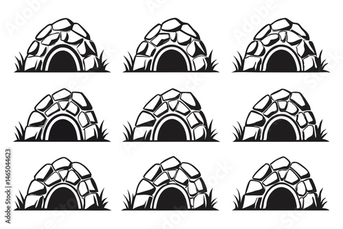 9 Stone Cave Icons – Black and White Nature Silhouettes

