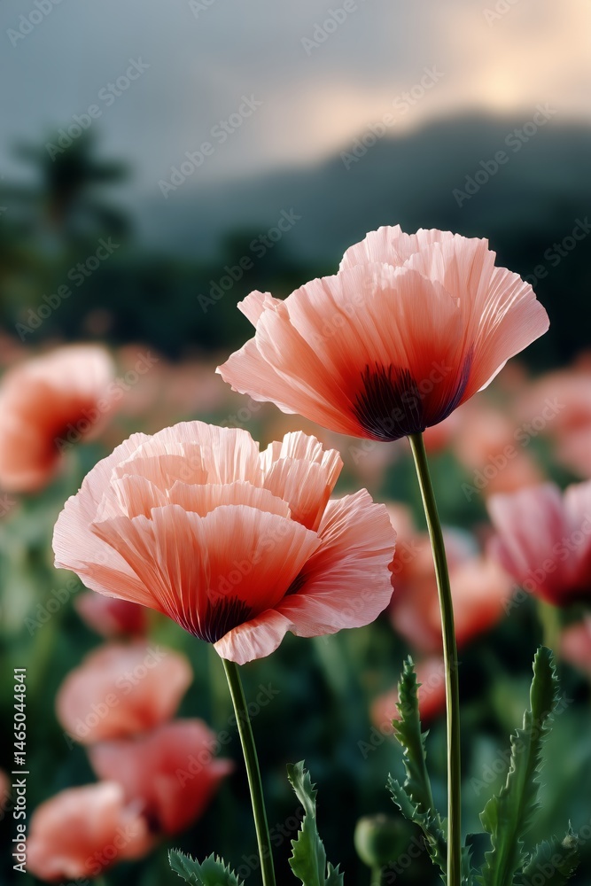 Beautiful Pink Flowers Blooming in a Lush Field Against a Soft Sunset Backdrop
