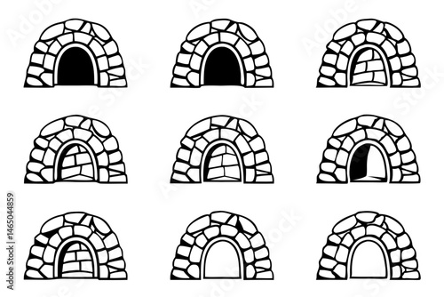 9 Stone Cave Icons – Black and White Nature Silhouettes

