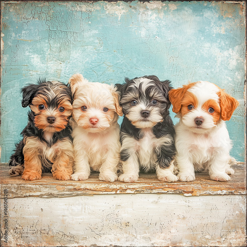 Adorable small puppies arranged in a vintage style texture, banner-ready design.