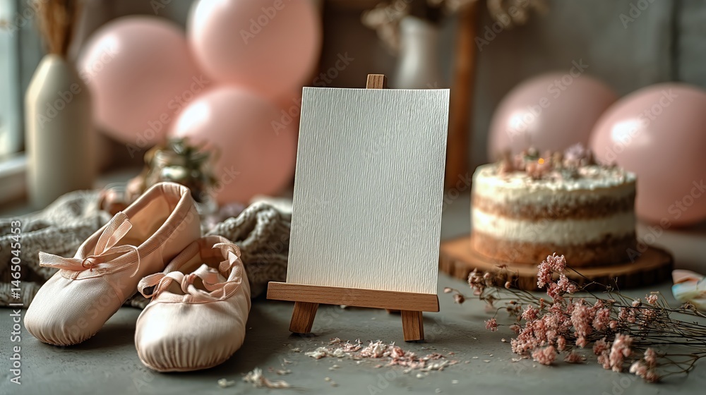 Elegant Ballet Shoes and Blank Canvas at a Birthday Celebration With Pink Balloons and Cake