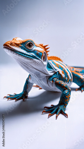 Striking Orange and Blue Lizard Isolated on Clean White Surface