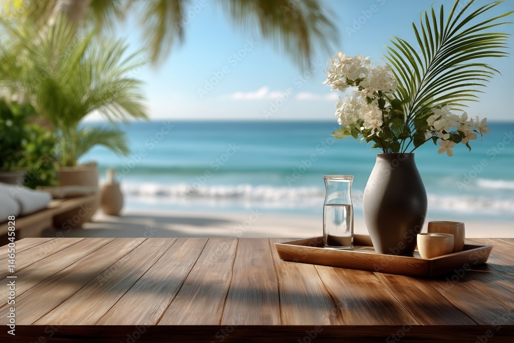 Relaxing Beachside Setup With Flowers and Refreshments Near Calm Ocean Waves in Sunny Weather