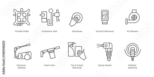 Car Wash  Outline Icons Set – Clay Bar, Emissions Test, Scratch Remover, Throttle Plate, Air Blowers, Foam Gun, Pressure  Washer, Spray Nozzle, Tar & Insect Remover, Car Wash App, Editable Stroke.