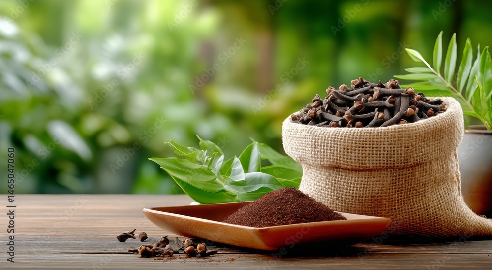 Cloves and Spice Powder Displayed in a Rustic Setting With Greenery in the Background