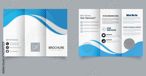 Modern Corporate Trifold Brochure Template with Blue Wave Design. Professional and clean trifold brochure template featuring a dynamic blue wave design, ideal for corporate services marketing agencies