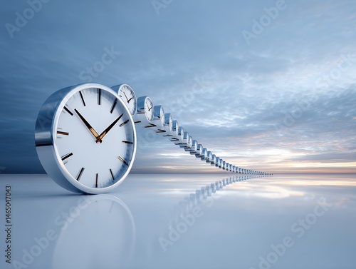 Silver Clocks Flowing Towards Sunset Horizon Minimalist Time Concept