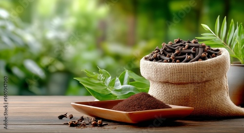 Obraz na płótnie Cloves and Spice Powder Displayed in a Rustic Setting With Greenery in the Background w salonie