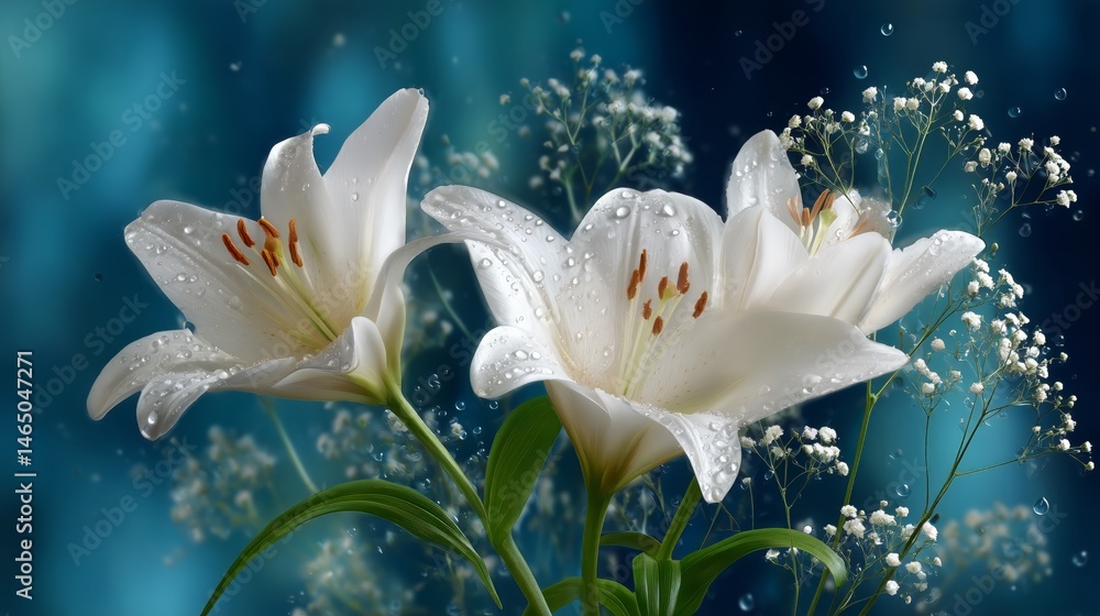 Delicate White Lilies in Soft Focus With Water Droplets Against a Blurred Background