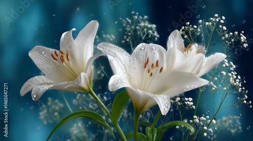 Obraz na płótnie Delicate White Lilies in Soft Focus With Water Droplets Against a Blurred Background w salonie