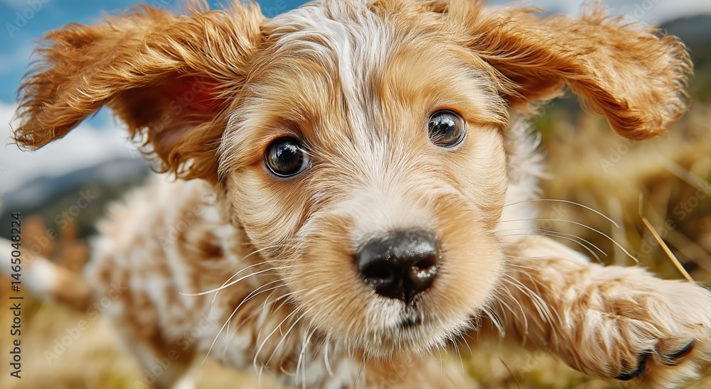 Playful Puppy Running Through a Field Surrounded by Nature on a Sunny Day in the Countryside