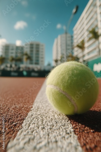 Obraz na płótnie Bright Green Tennis Ball Rests on Court With City Buildings in Background Under Clear Sky w salonie