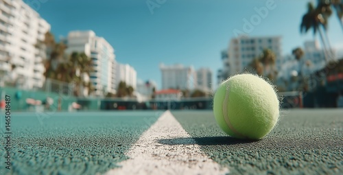 Bright Tennis Ball Resting on Court With City Buildings in Background During ...