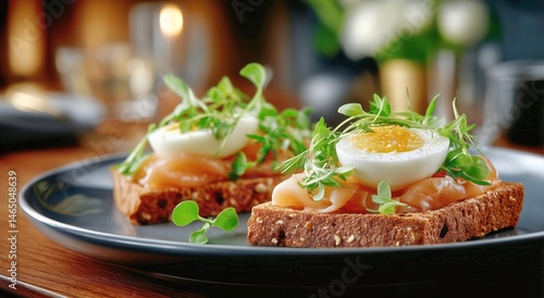 Obraz na płótnie Delicious Smoked Salmon Open Sandwiches Topped With Egg and Fresh Herbs on a Rustic Wooden Table w salonie