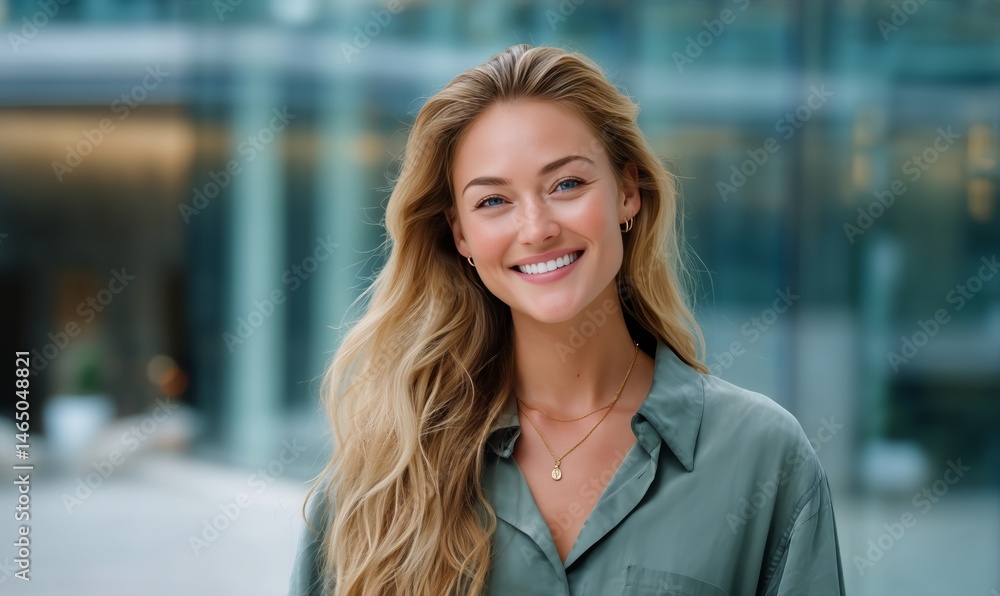 Smiling Young Woman With Long Hair Standing Outdoors in an Urban Setting During Daytime