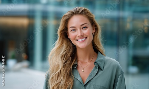 Obraz na płótnie Smiling Young Woman With Long Hair Standing Outdoors in an Urban Setting During Daytime w salonie