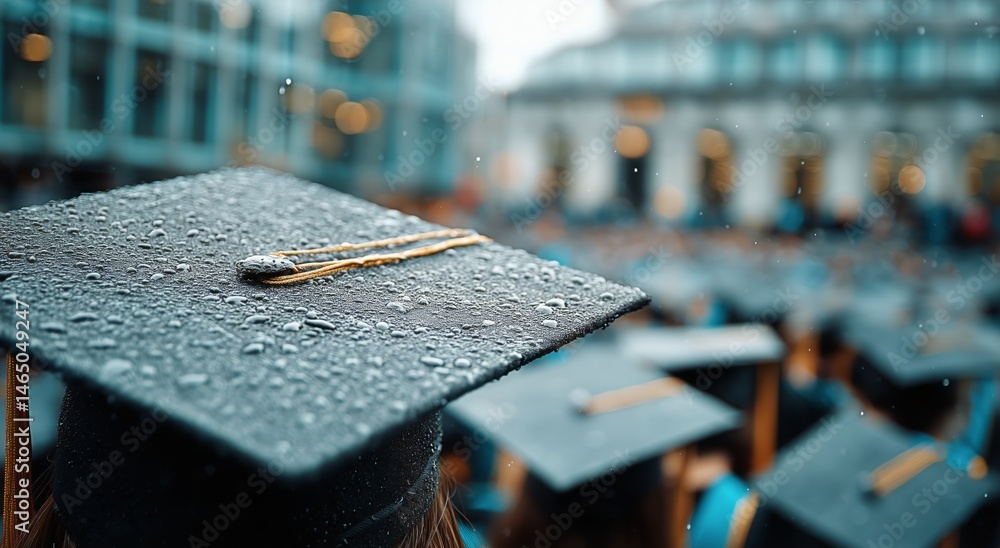Graduation Ceremony Takes Place Amidst Modern Architecture on a Rainy Day